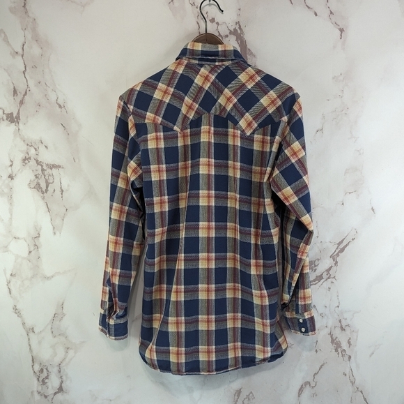 Vintage Levis Shirt Mens Small Blue Orange Plaid Pearl Snap 80s Workwear Cowboy - Picture 6 of 15
